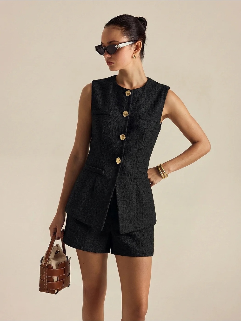 COMMENSE Black Tweed Vest & Shorts Set Size S